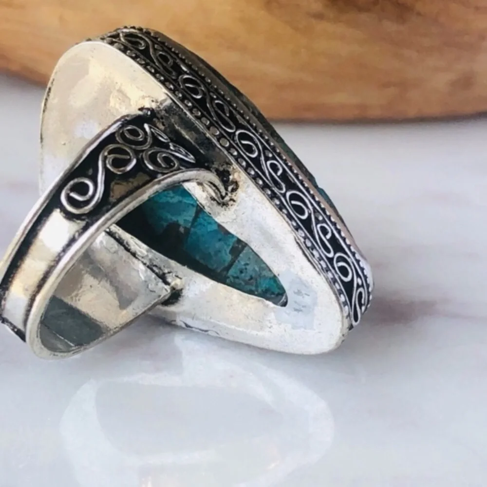 Silver Plated Copper Chrysocolla Bohemian Statement Ring